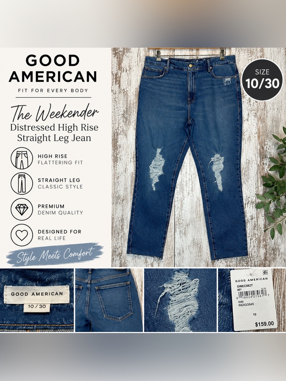 Good American The Weekender Distressed High Rise Straight Leg Jeans Size 10/30 N